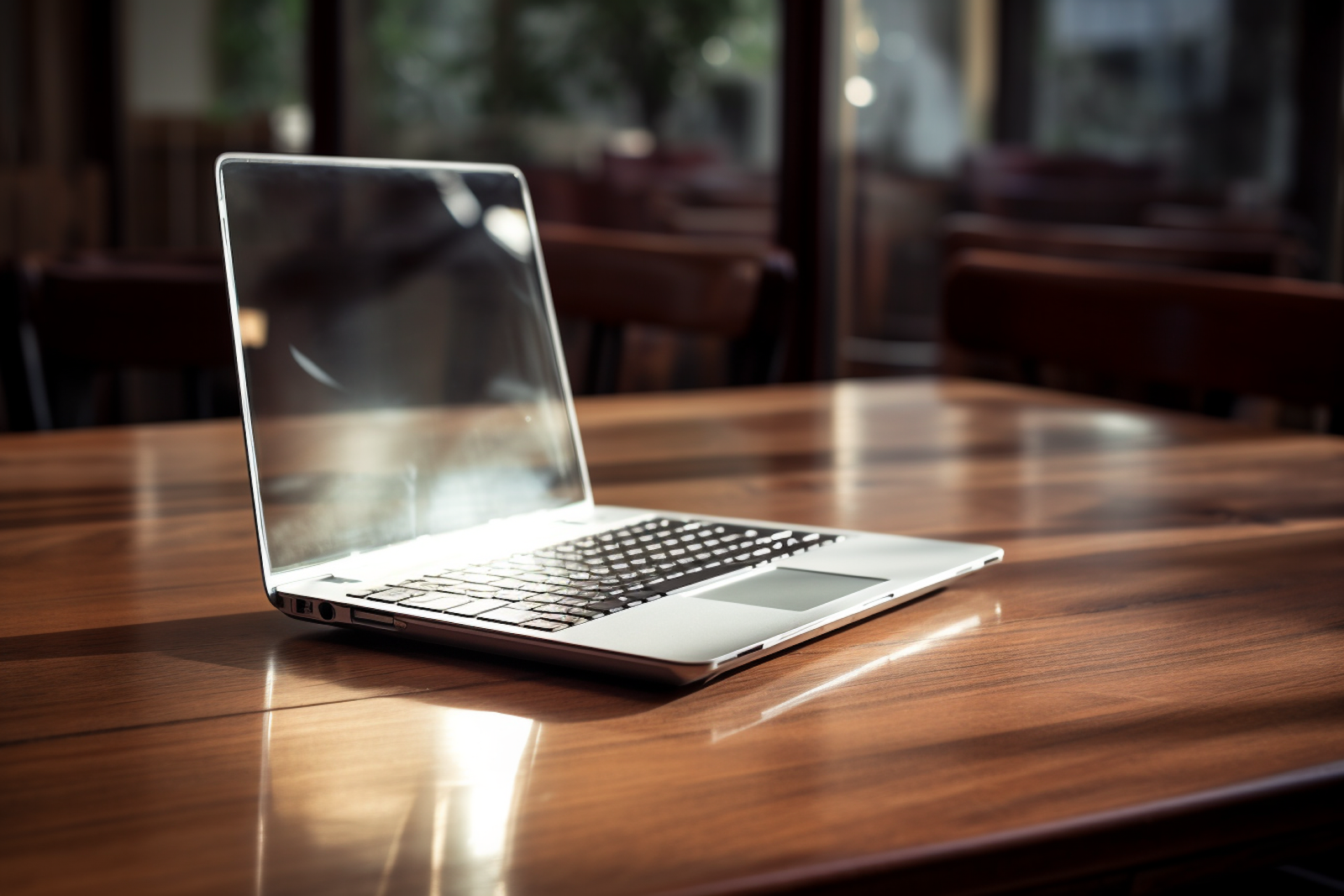 A photo of a laptop ontop of a brown table.